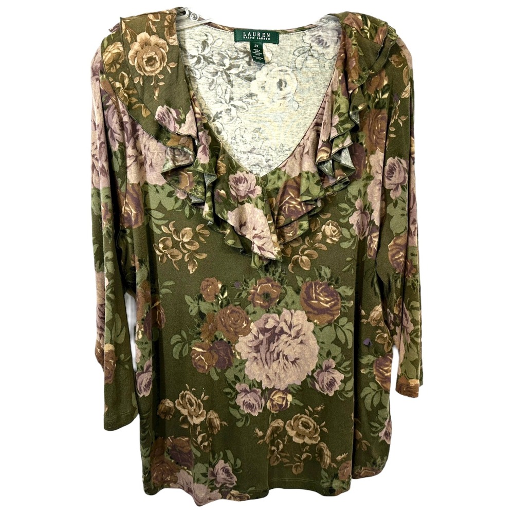 Lauren Ralph Lauren Plus Sz 2X Top Green Floral Ruffle Neck Knit‎ Boho Fairy 922